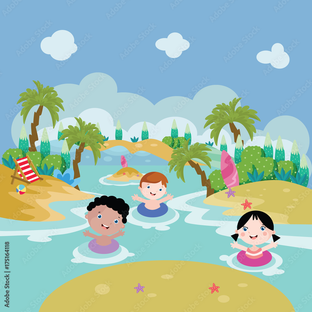 Kids Play on Lake Cartoon Vector Illustration