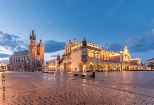 St Mary's church and Cloth Hall on Main Market Square in Krakow, illuminated in the night