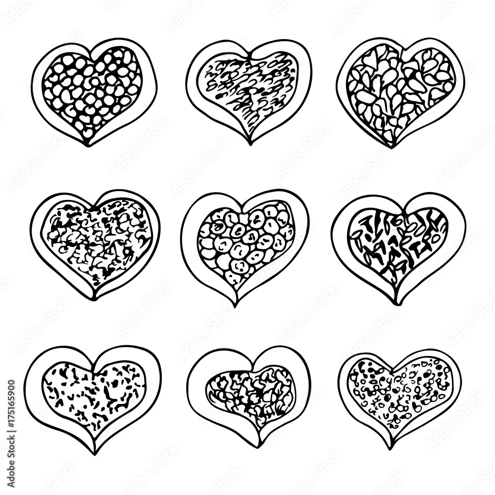 Spices hand drawn doodle set. Various spices in a heart shape bowls. Hand drawn condiments collection Spices hand drawn doodle set. Various spices in a heart shape bowls. Hand drawn condiments collection