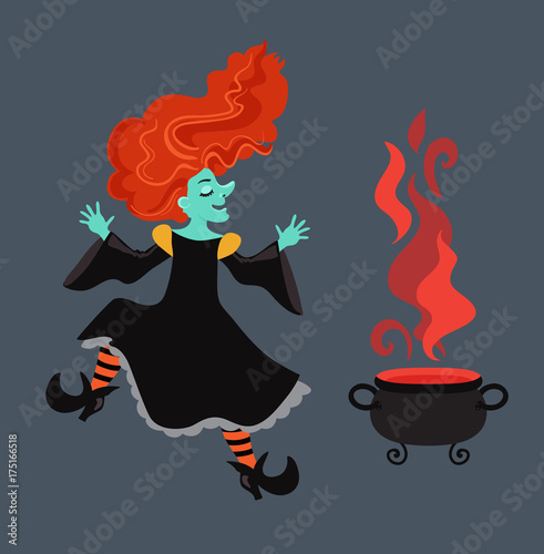 Red-haired  witch in black dress and cloak .Evil cartoon witch. Vector illustration.