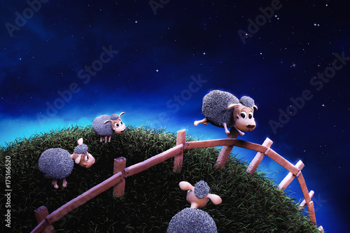 3d Render illustration of a cute sheep jumping over a fence at night photo