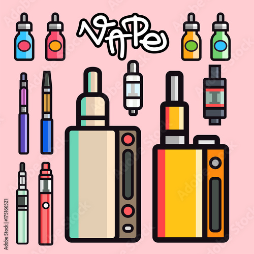 Vape device vector set cigarette vaporizer vapor juice bottle flavor illustration battery coil.
