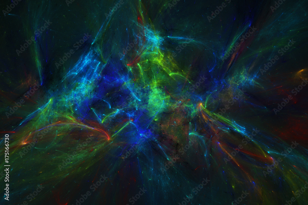 Abstract colorful green, blue and red swirly shapes on black background. Fantasy chaotic fractal texture. 3D rendering.