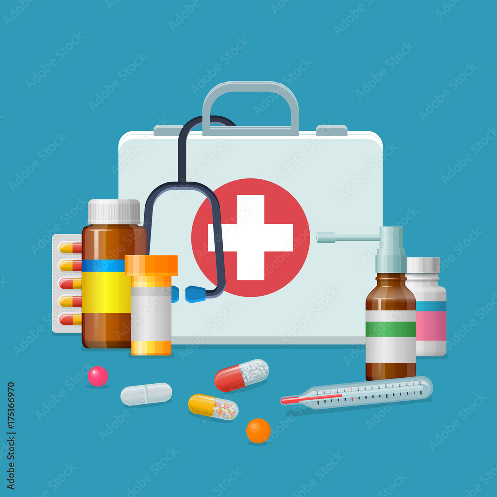 First aid kit medicine cartoon style isolated. Doctor's first-aid kit in a  cartoon style isolated on white bacground. Medicine chest with tools and  drugs as vector illustration. Stock Vector | Adobe Stock