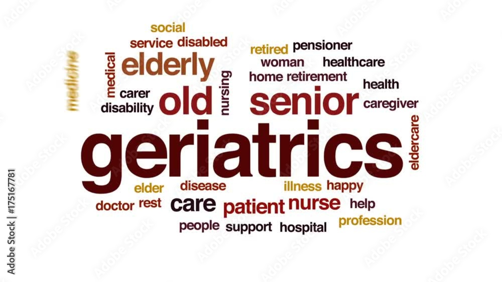 Geriatrics animated word cloud, text design animation. Geriatrics animated word cloud, text design animation.