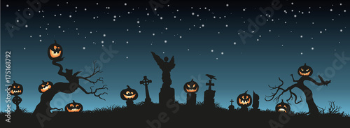 Holiday Halloween. Black silhouettes of pumpkins on the cemetery on night sky background. Graveyard and broken trees