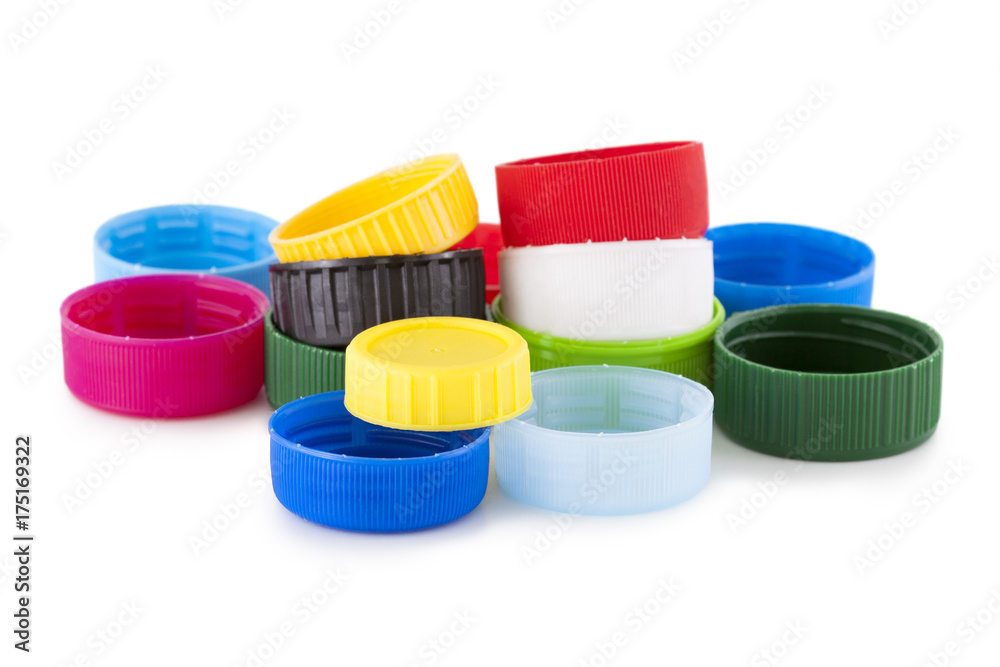 Plastic bottle caps on white