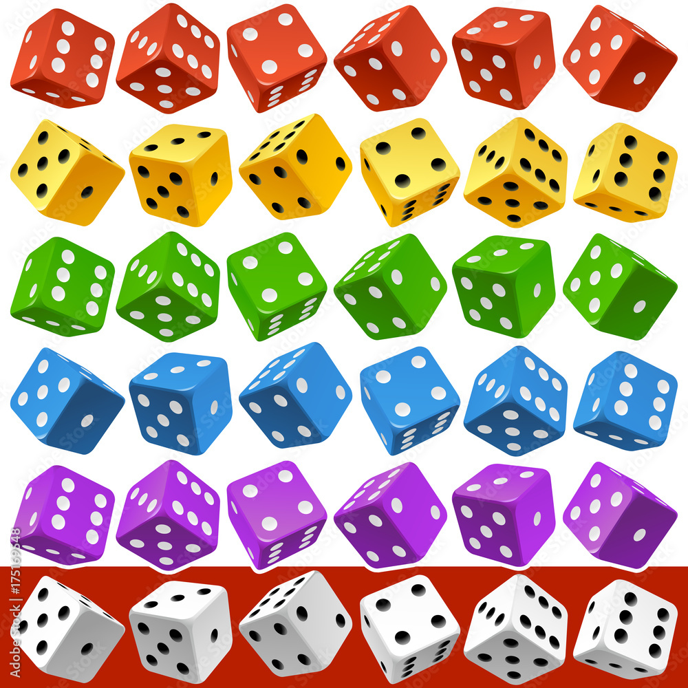 Vector Casino Dice Set of Authentic Icons. Red, Yellow, Green, Blue, Purple and White Poker Cubes Isolated on Background. 3d Board Game Pieces Vector Casino Dice Set of Authentic Icons. Red, Yellow, Green, Blue, Purple and White Poker Cubes Isolated on Background. 3d Board Game Pieces