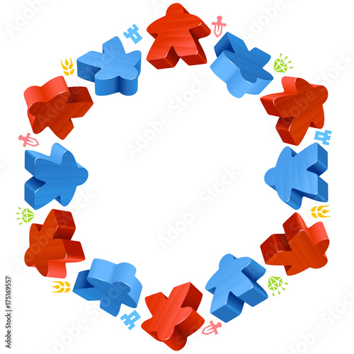 Hex frame of meeples for board games. Red and blue game pieces, and resources counter icons isolated on white background. Vector border for design boardgames advertisement