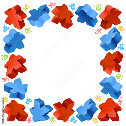 Square frame of meeples for board games. Red and blue game pieces, and resources counter icons isolated on white background. Vector border for design boardgames advertisement