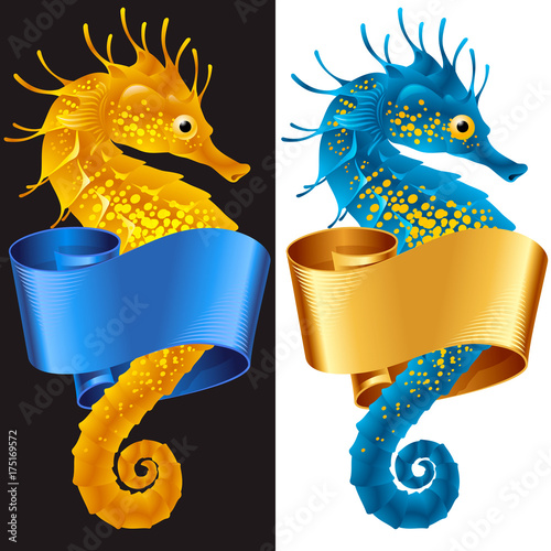 Vector Thorny Seahorse is Wrapped in Swirl Ribbon. Set of Hippocampus and Banner Frame Isolated on Background. Colorful Horse Fish Icon for Beach Party, Sea Vacation, Tourism, Diving, Restaurants