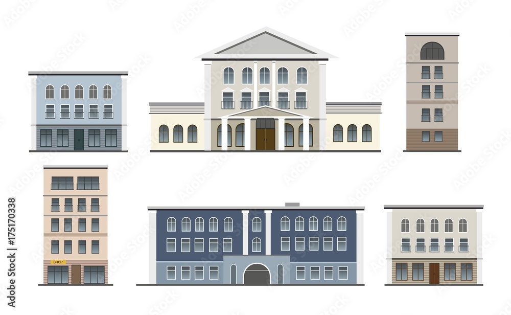 Set of Six Buildings Types Illustration 