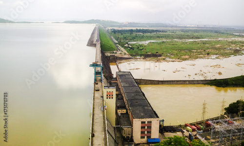 Side view of Hirakud dam during rainy season filled with dirty water
