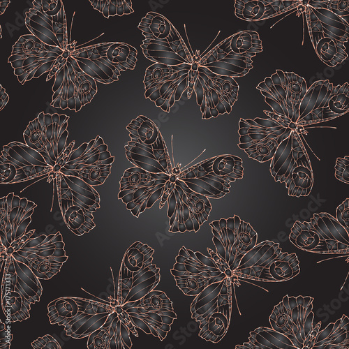 Butterfly. Colorful seamless pattern, background in rose gold colors on black background.