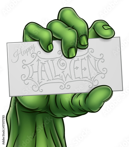 Zombie Monster Hand Holding Happy Halloween Sign