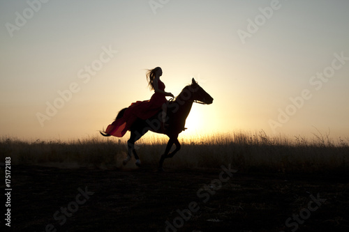 Girl riding a horse in field at sunset