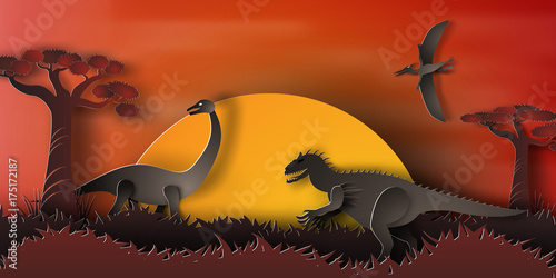 Paper art of Dinosaur in forest with sunset,orange,night,vector,illustration