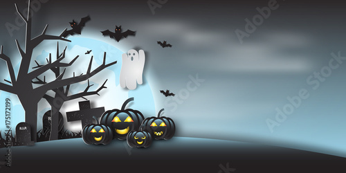 Paper art of halloween party with ghost in full moon,night,light,vector,illustration