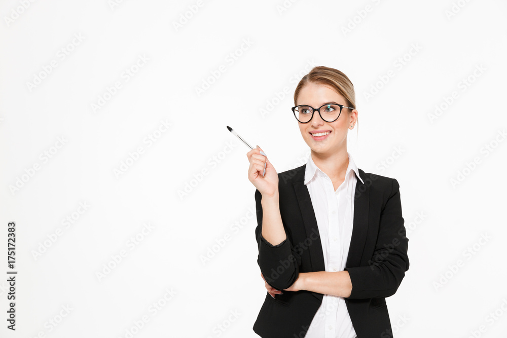 Smiling blonde business woman in eyeglasses with pen in hand Smiling blonde business woman in eyeglasses with pen in hand
