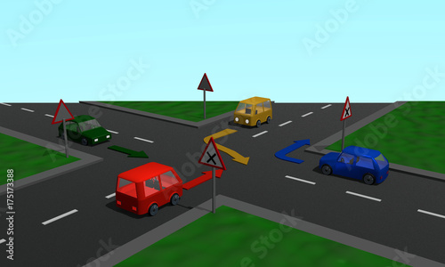 Road crossing: Right before left Regulation with four cars, signs and arrows,