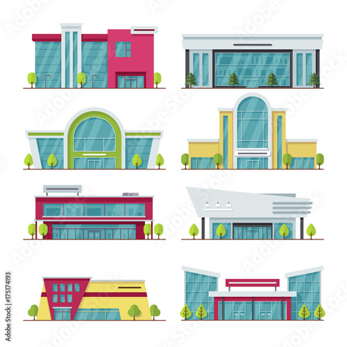 Contemporary shopping mall and store buildings vector icons