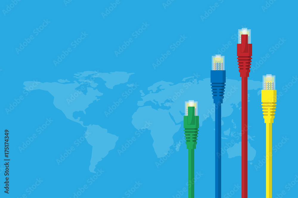 LAN cables with world map on light blue background, connection and technology concept LAN cables with world map on light blue background, connection and technology concept