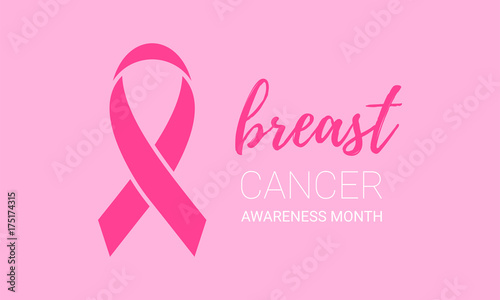 Breast cancer awareness month symbol emblem with vector pink ribbon sign on pink background. Vector red ribbon icon with breast text lettering.