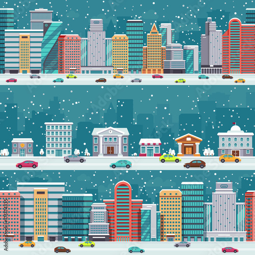 Winter city streets with cars and buildings. Christmas night cityscapes with snowfall vector set