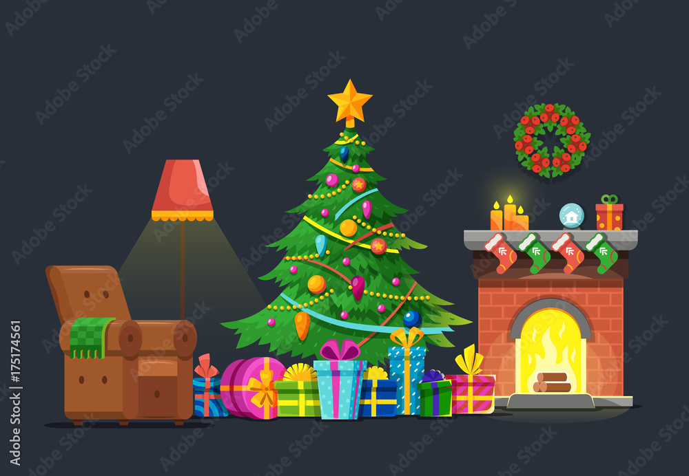 Cartoon living room with xmas tree and fireplace. Christmas holiday vector flat concept