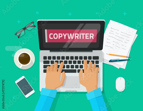 Copywriter working on laptop writing article vector illustration, flat carton workplace table with computer, person, copywriting text on screen, idea of bog author working, freelancer journalist place