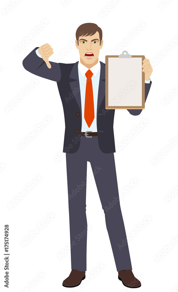Businessman holding clipboard and showing thumb down Businessman holding clipboard and showing thumb down