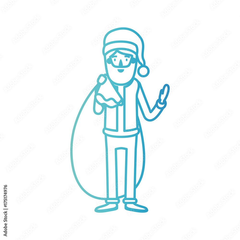 santa claus caricature full body with gift bag hat and costume on gradient color silhouette from blue to purple santa claus caricature full body with gift bag hat and costume on gradient color silhouette from blue to purple