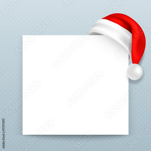 Happy Christmas greeting card vector templete with blank paper sheet and Santa Claus red hat