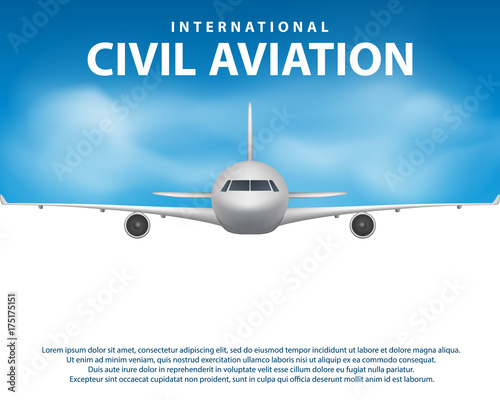 Banner, poster, flyer with Airplane background. Plane in blue sky, civil aviation airliner. Commercial airliner travel concept design. Vector illustration