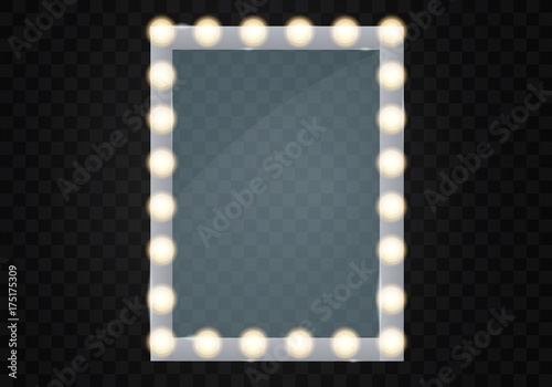 Mirror in frame with light makeup lights for changing room or backroom, on transparent background vector illustration