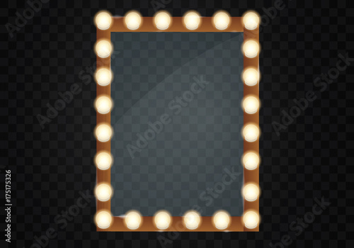 Mirror in frame with light makeup lights for changing room or backroom, on transparent background vector illustration