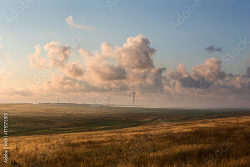 Eco power, wind turbines stand in the field, early morning