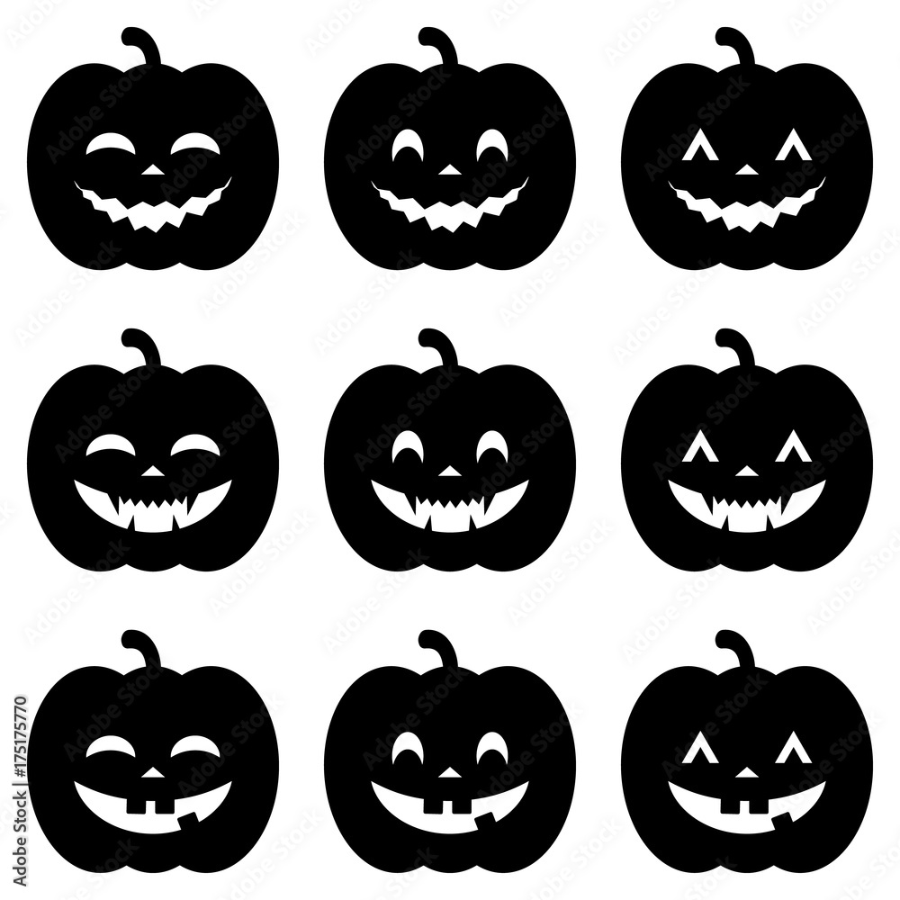 Obraz premium Set of Halloween happy pumpkins. Black vector icons on white background