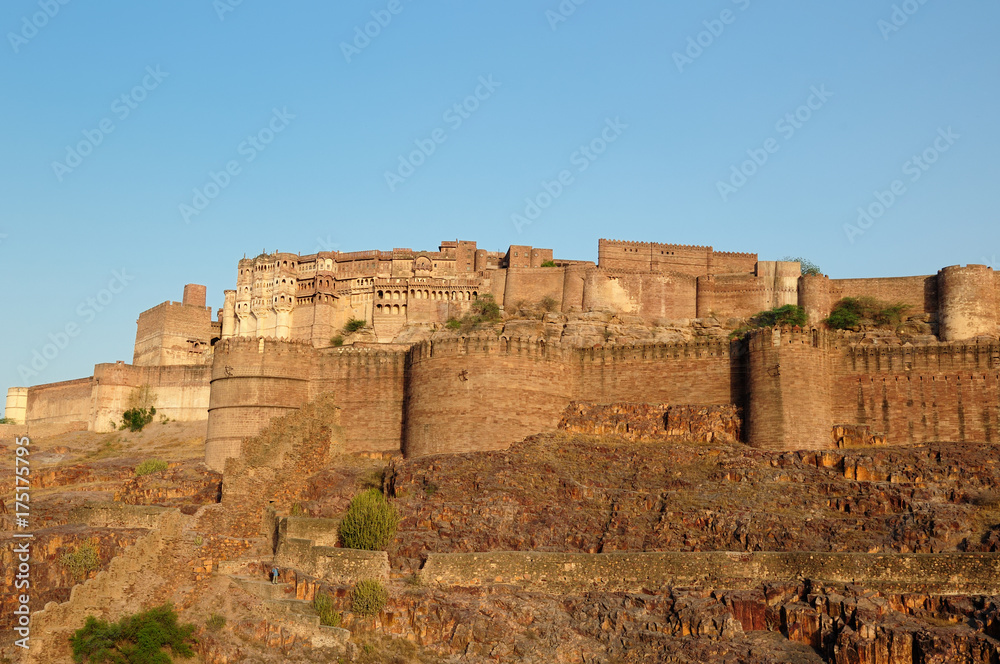 Majestic citadel of Mehrangarh on the hill near Jodphur city. Rajasthan India