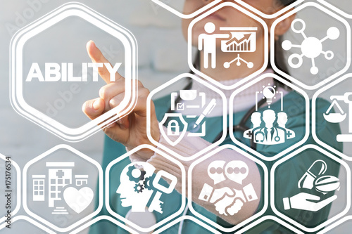 Ability Healthcare concept. Doctor using virtual touchscreen with ability text button.