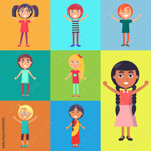 Happy Kids on Colorful Greeting Cards Vector