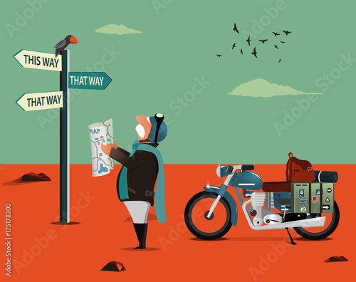 Illustration of Elderly biker man standing with map at post and navigating.