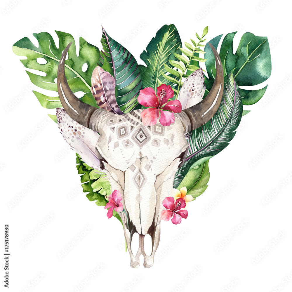 Watercolor bohemian cow skull and tropic palm leaves. Western deer ...