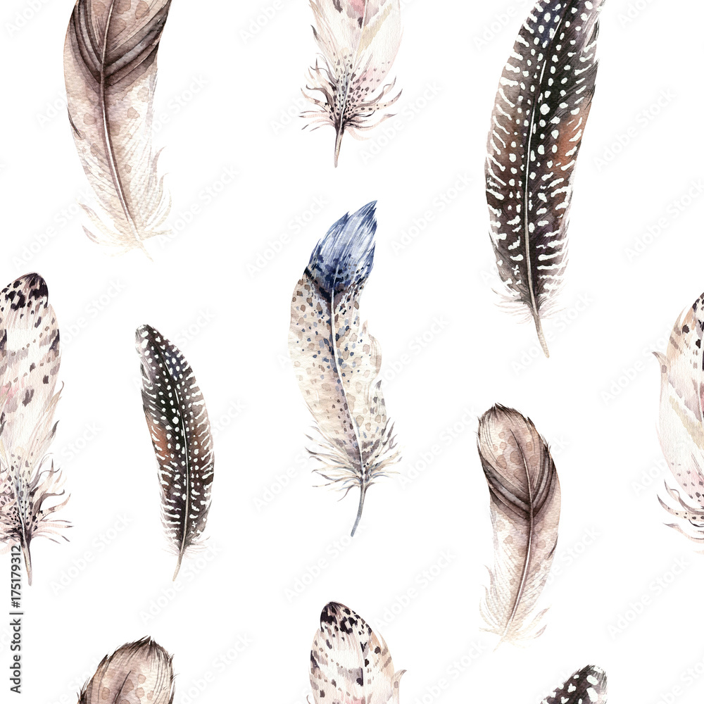 Watercolor natural birds feather boho pattern. Bohemian Seamless texture with hand drawn feathers. Feather boho illustration for your design. Bright blue colors decoration. Watercolor natural birds feather boho pattern. Bohemian Seamless texture with hand drawn feathers. Feather boho illustration for your design. Bright blue colors decoration.