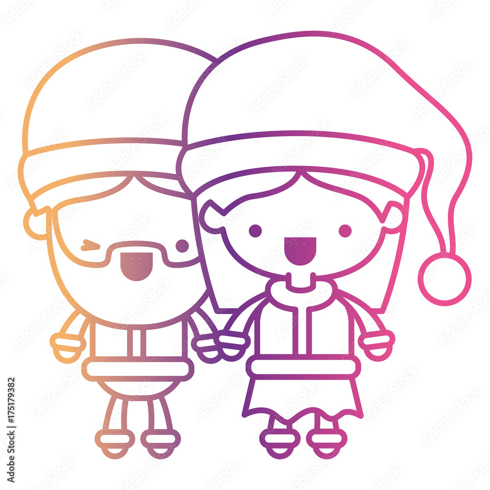 santa claus couple cartoon full body man wink eye and woman expression on gradient color silhouette from yellow to fuchsia santa claus couple cartoon full body man wink eye and woman expression on gradient color silhouette from yellow to fuchsia