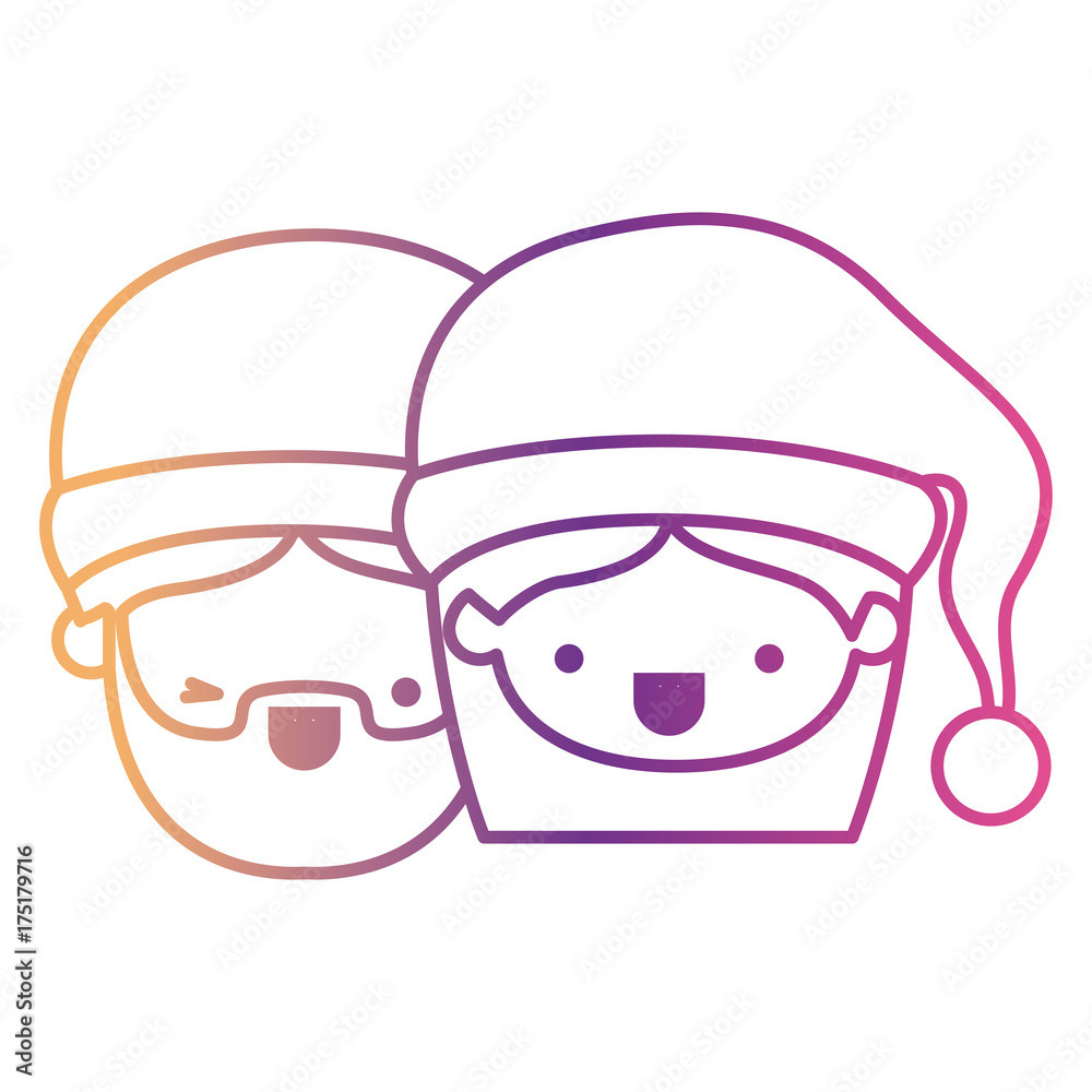 santa claus couple cartoon faces man wink eye and woman smiling expression on gradient color silhouette from yellow to fuchsia santa claus couple cartoon faces man wink eye and woman smiling expression on gradient color silhouette from yellow to fuchsia