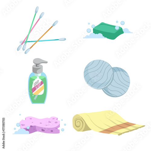 Cartoon trendy simple gradient bath icon set. Cotton sticks, soap, towel, liquid wash, cotton pads and sponge. Health and hygiene vector symbols.