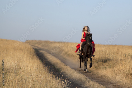 Woman on horse galloping along country road