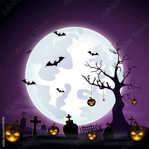 Halloween background with cemetery and bats