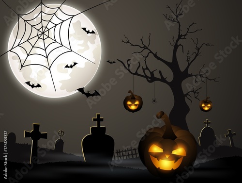 Halloween background with cemetery and bats